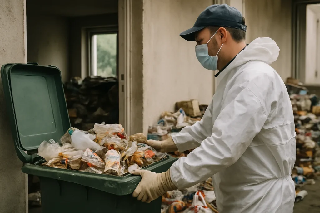 Intérieur d'un appartement à Limonest en désordre, avec des objets et des déchets éparpillés.