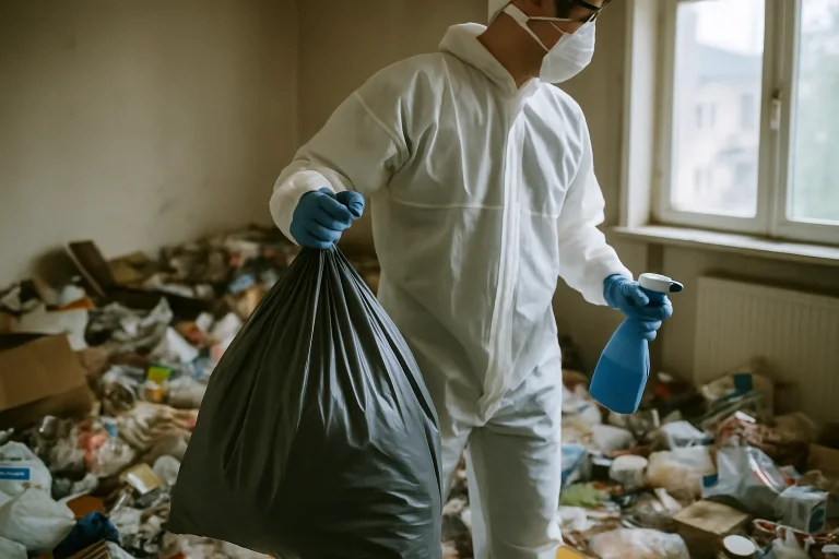 Un professionnel nettoie une pièce encombrée de déchets à Saint-Heand.