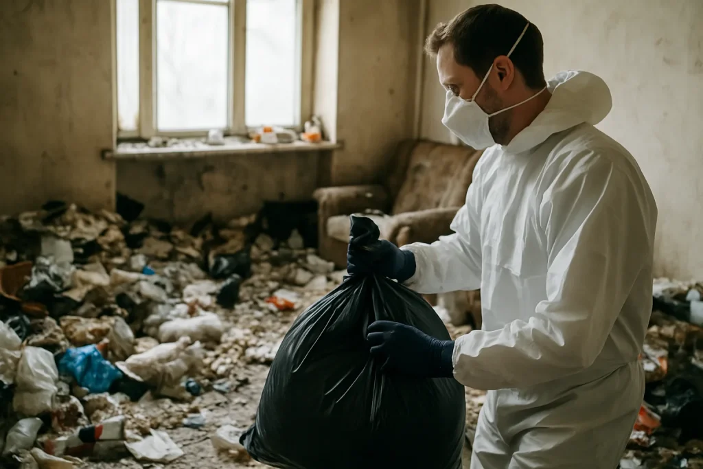 Des professionnels nettoient un appartement après une situation de diogène à Tence.