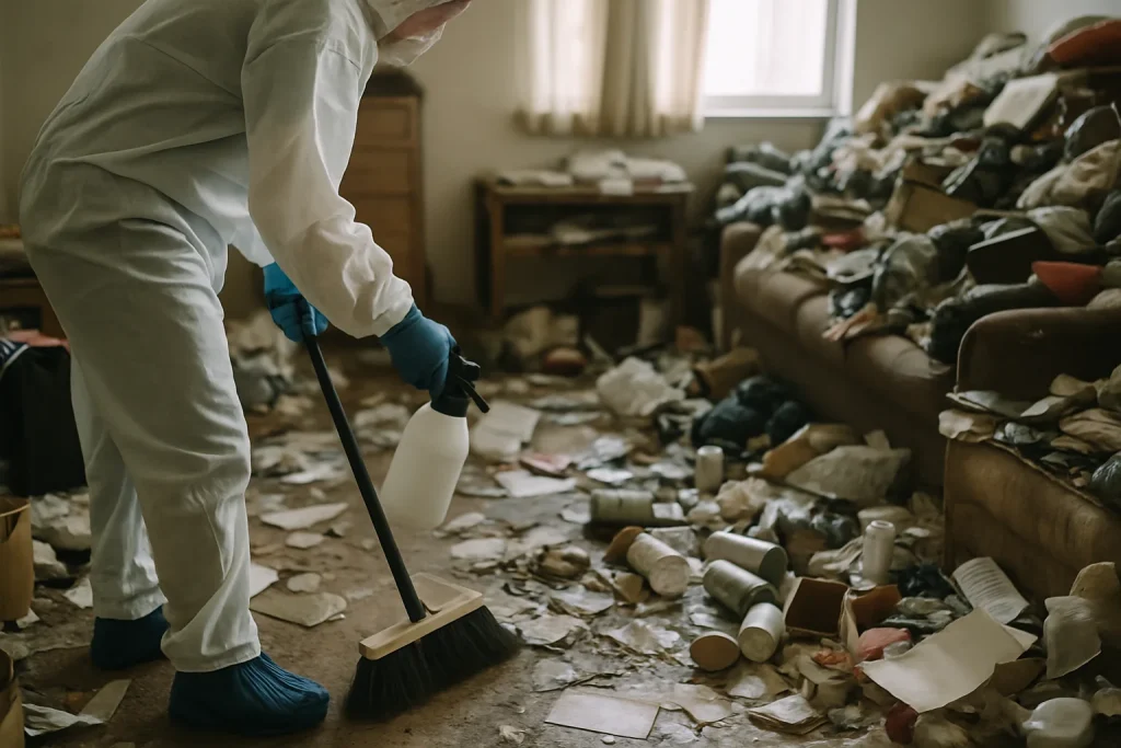 Un appartement à Blère, rempli d'objets et de déchets, nécessitant un nettoyage approfondi.