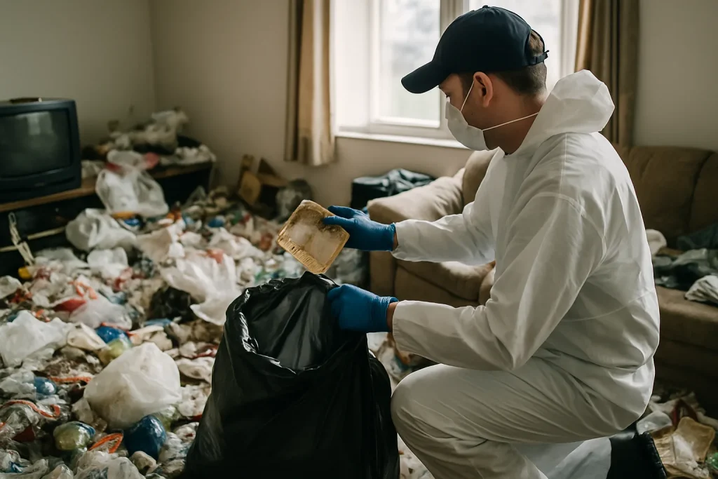 Professionnels nettoyant un appartement en désordre à Coulanges-Les-Nevers après syndrome de Diogène.