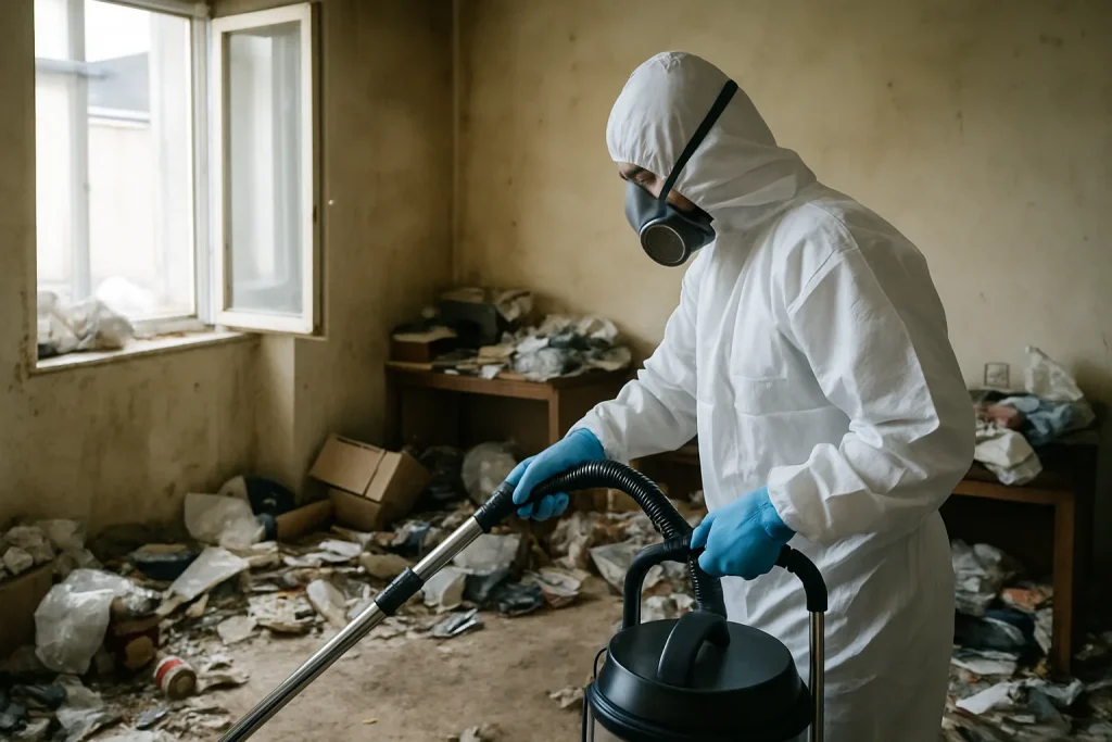 Agents de nettoyage dans un appartement désordonné à Guilvinec, nettoyage après syndrome de Diogène.