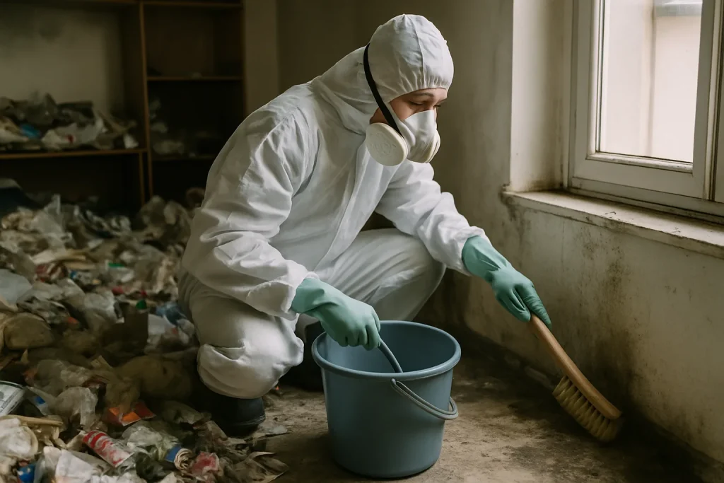 Intérieur d'un appartement à Hopital-Camfrout, en désordre avec des objets éparpillés sur le sol.