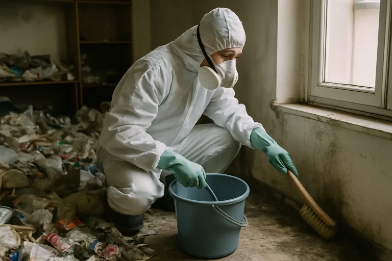 Intérieur d'un appartement à Hopital-Camfrout, en désordre avec des objets éparpillés sur le sol.