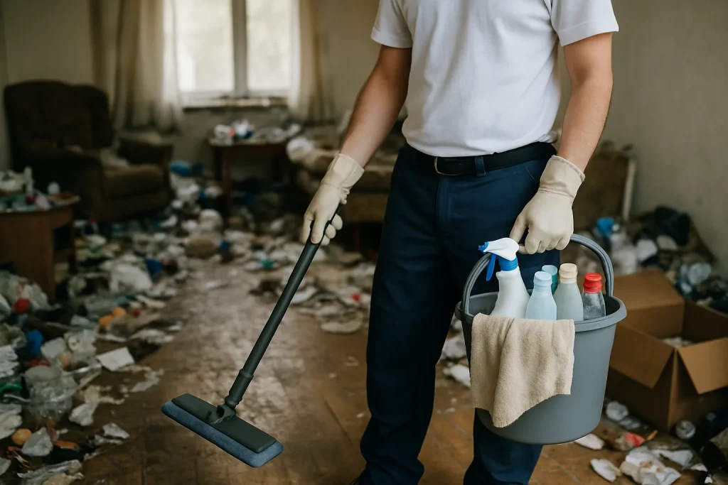Intérieur d'un appartement à La Foret-Fouesnant, encombré de déchets après syndrome de Diogène.
