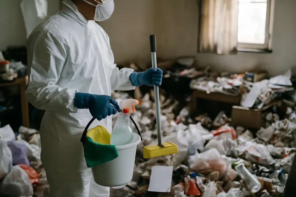 Un appartement en désordre à Le Breuil, avec des déchets et des objets encombrants.