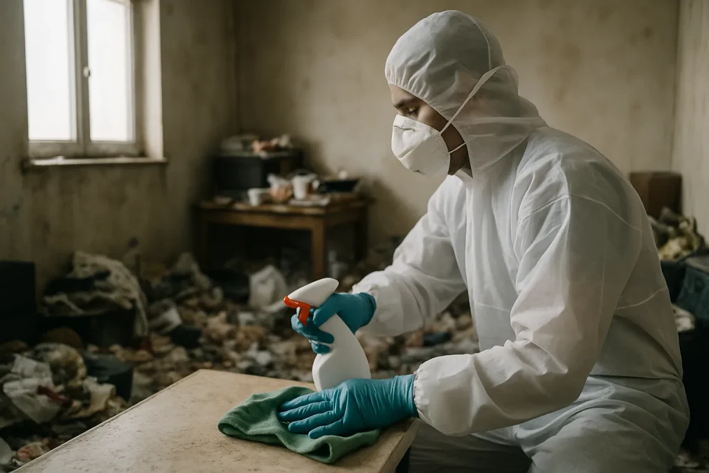 Professionnels nettoyant un appartement en désordre à Le Conquet après syndrome de Diogène.