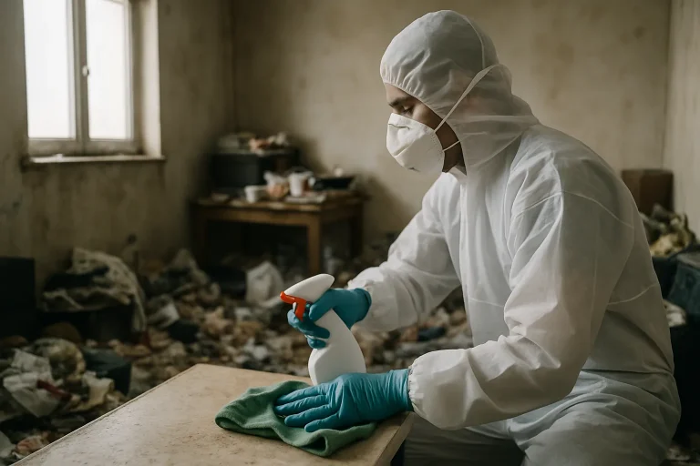 Professionnels nettoyant un appartement en désordre à Le Conquet après syndrome de Diogène.