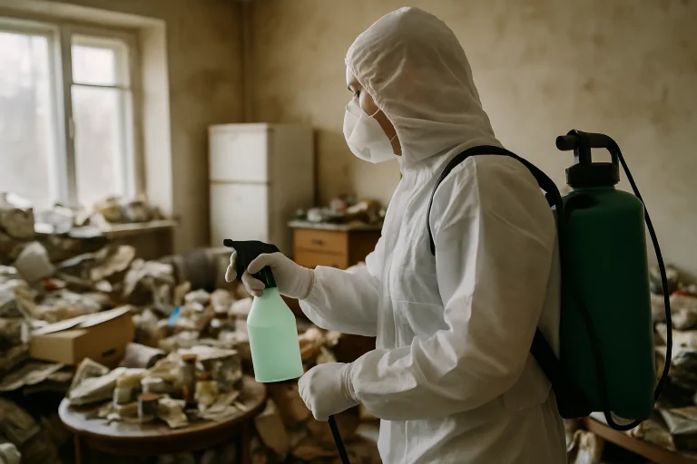 Intérieur d'appartement à Le Sourn, montrant un désordre important et des déchets.
