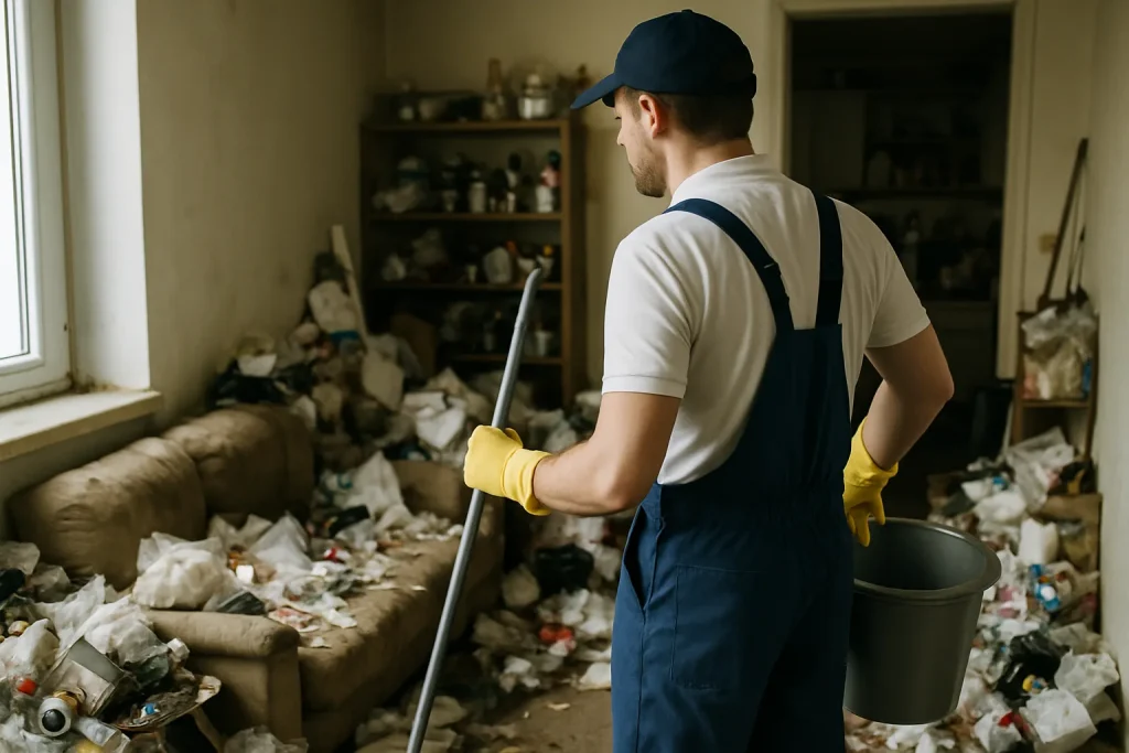 Une pièce en désordre à Moneteau, remplie d'objets et de déchets, illustrant la nécessité d'un nettoyage.