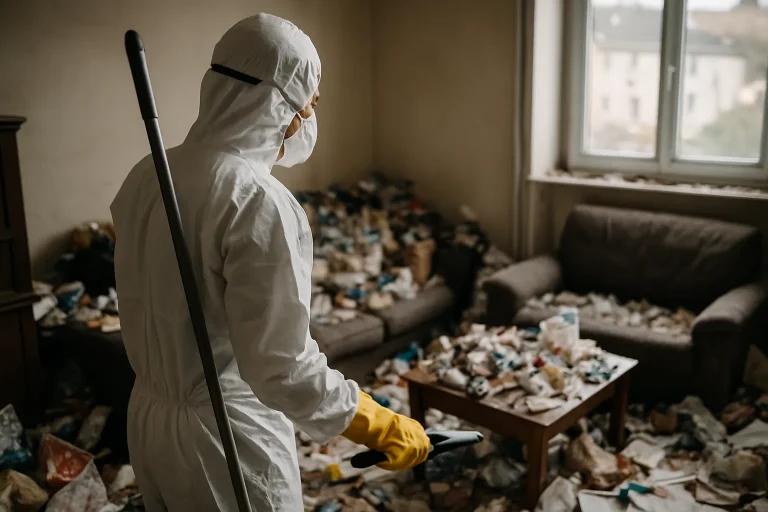 Intérieur d'un appartement à Montceau-Les-Mines en désordre, nécessitant un nettoyage après syndrome de Diogène.