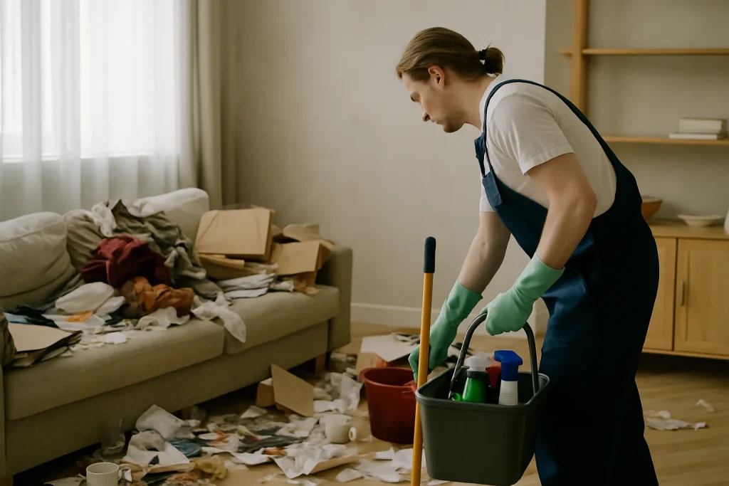 Intérieur d'un appartement à Montrichard, en désordre, avant nettoyage, avec des objets éparpillés.