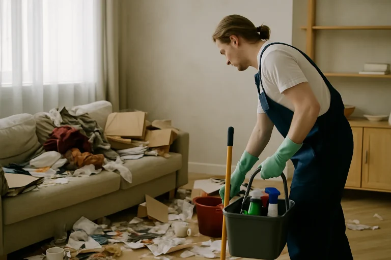 Intérieur d'un appartement à Montrichard, en désordre, avant nettoyage, avec des objets éparpillés.