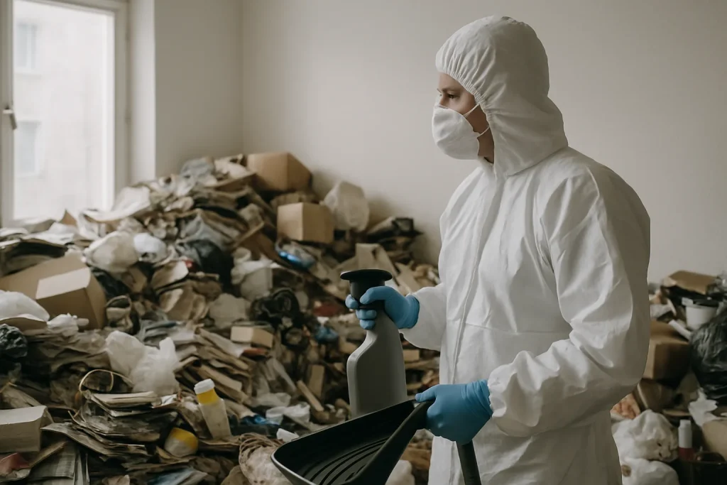 Professionnels nettoyant un appartement après syndrome de Diogène à Morez, avec des déchets triés.