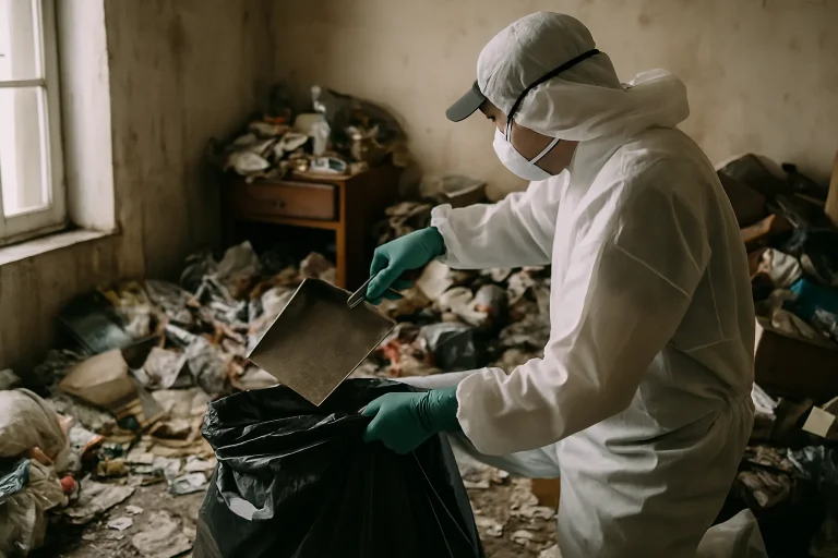 Professionnels nettoyant un appartement en désordre à Nogent-Sur-Vernisson, avec des sacs de déchets.