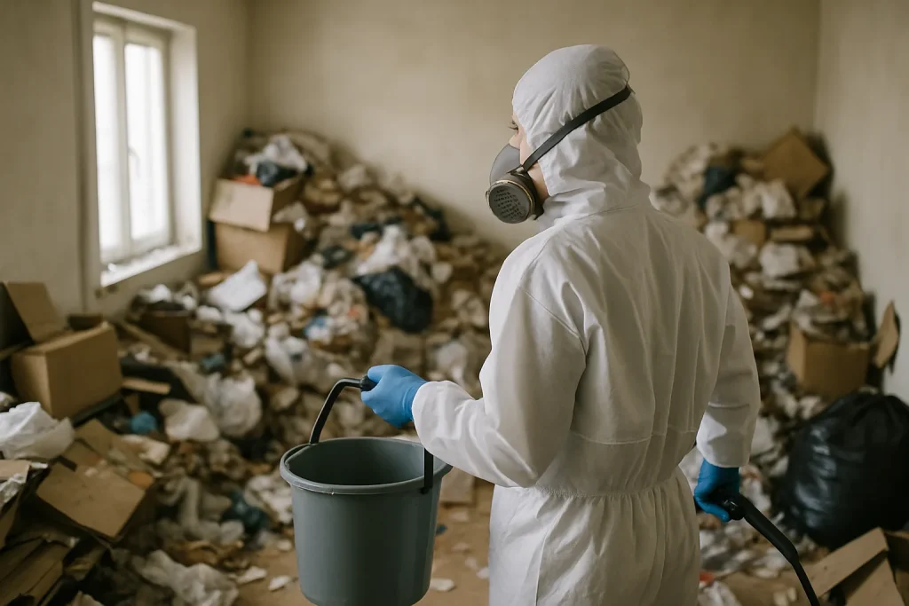 Professionnels du nettoyage dans un appartement encombré à Plabennec, traitant des déchets.