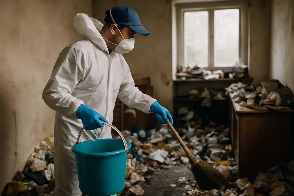 Intérieur d'un appartement à Pleumeleuc en désordre, montrant des objets éparpillés et des déchets.