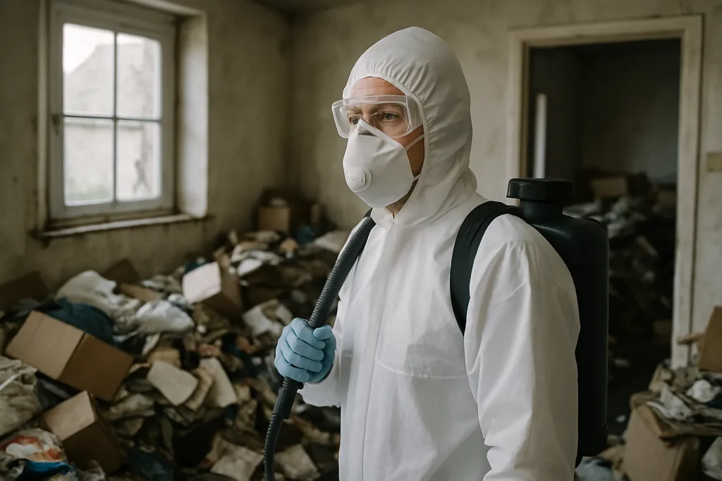 Intérieur d'une maison à Plobannalec-Lesconil, montrant le désordre après syndrome de Diogène.