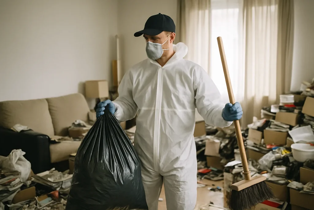 Appartement à Plouigneau avec un désordre marqué, illustrant le besoin de nettoyage après syndrome de Diogène.