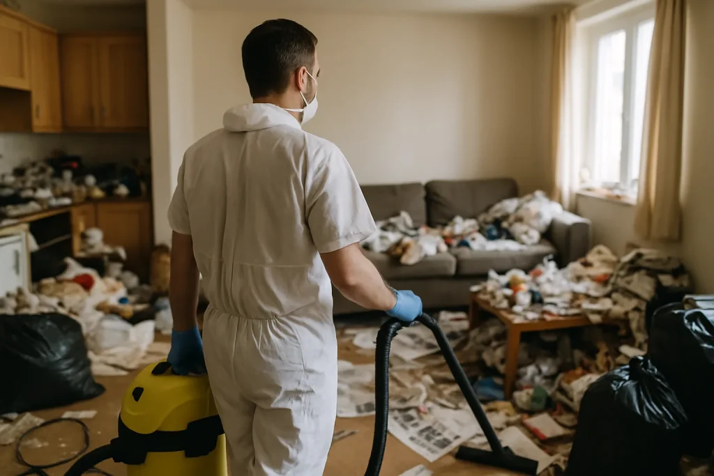 Professionnel en nettoyage dans un appartement à Plumeliau, désencombrant des déchets.
