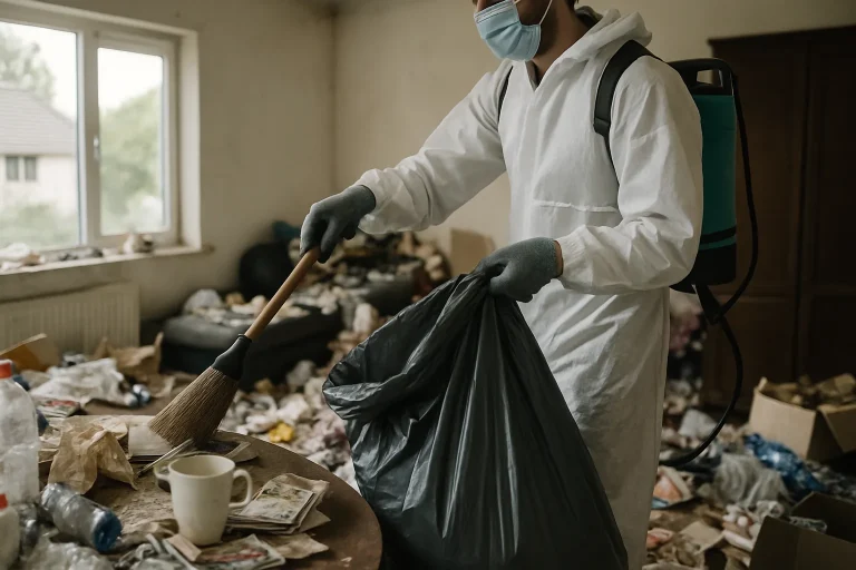 Appartement en désordre à Saint-Gregoire avec des objets et des déchets éparpillés.