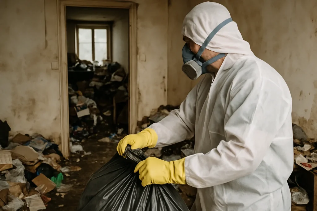 Maison en désordre à Scaer avec un professionnel de nettoyage observant la situation.