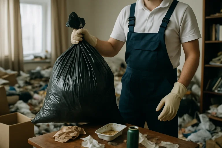 Appartement en désordre à Senonches avec déchets et objets éparpillés.