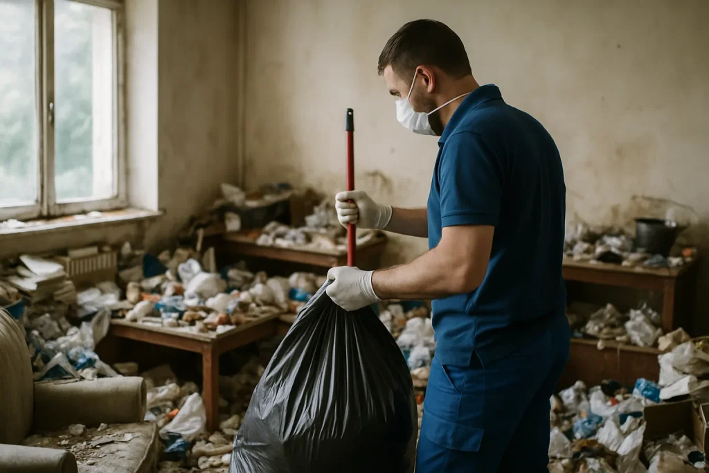 Équipe de nettoyage dans une maison en désordre à Taupont, en train de débarrasser des objets inutiles.