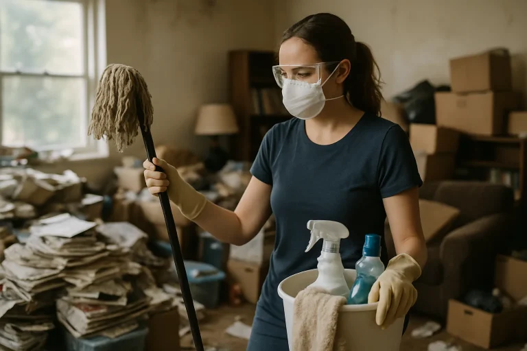 Intérieur d'un appartement à Tregastel avec désordre visible après syndrome de Diogène.