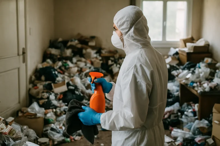 Équipe de nettoyage dans un appartement à Varennes-Vauzelles, triant des déchets et encombrements.