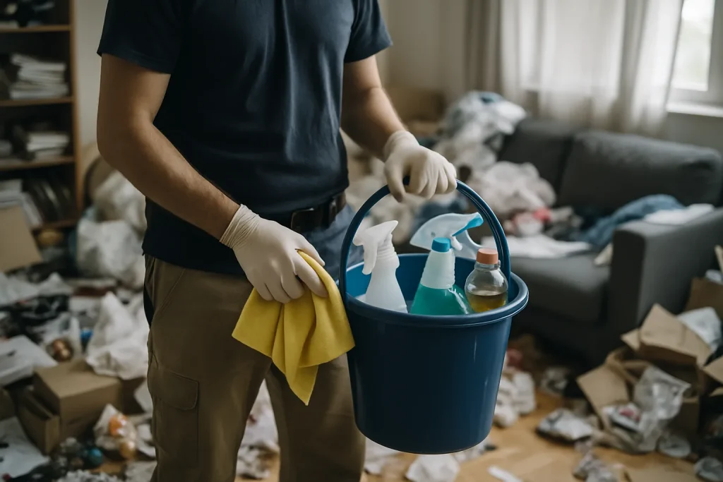 Intérieur d'appartement à Thise avec désordre et objets accumulés.