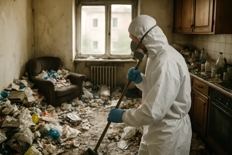 Intérieur d'un appartement à Saint-Claude avec des objets entassés et de la poussière.