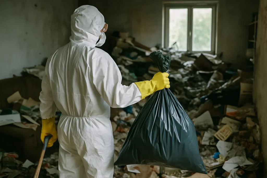 Professionnels en nettoyage dans un appartement en désordre à La Gacilly.