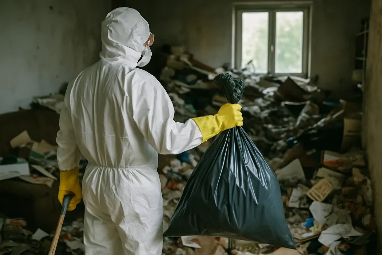 Professionnels en nettoyage dans un appartement en désordre à La Gacilly.