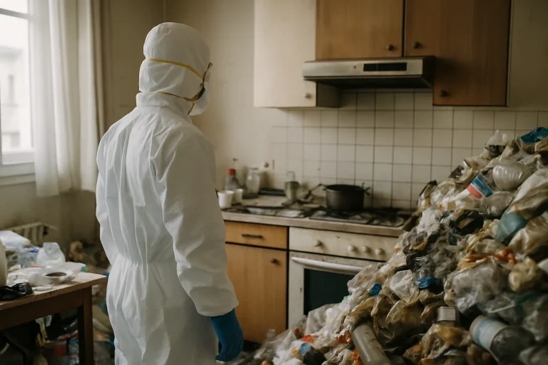 Intérieur d'un appartement à Saint-Brieuc, désordonné avant nettoyage après syndrome de Diogène.