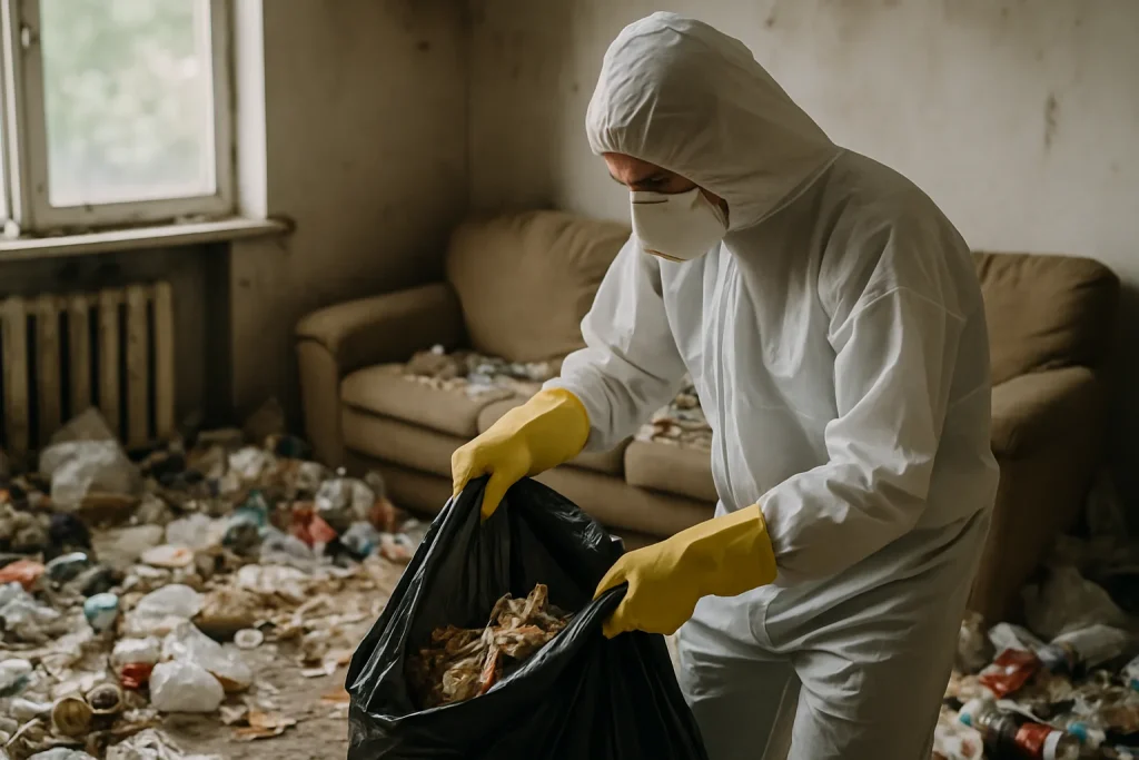 Intérieur d'un appartement désordonné à Ploubezre avec des objets en désordre.