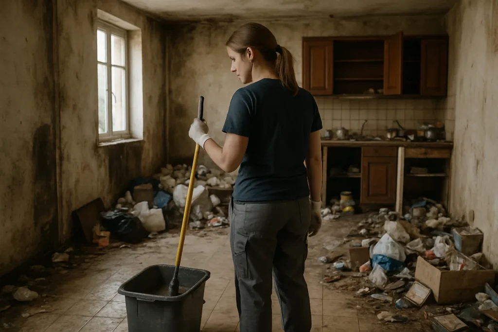 Appartement en désordre à Quevert avec des objets entassés et de l'insalubrité visible.