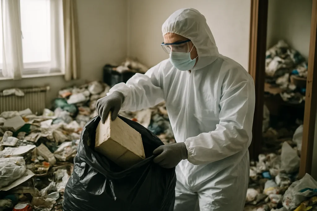 Équipe de nettoyage dans un appartement à Cruas, triant les déchets après diogène.