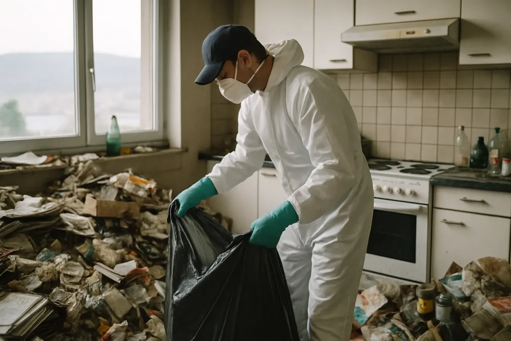 Pièce en désordre avec déchets et objets personnels après un nettoyage diogène à Evian-Les-Bains.
