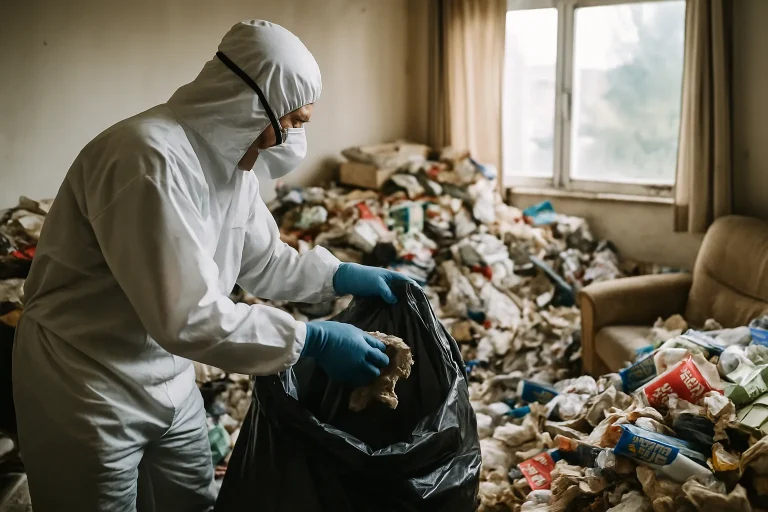 Appartement à Gannat en désordre avec déchets et objets éparpillés.