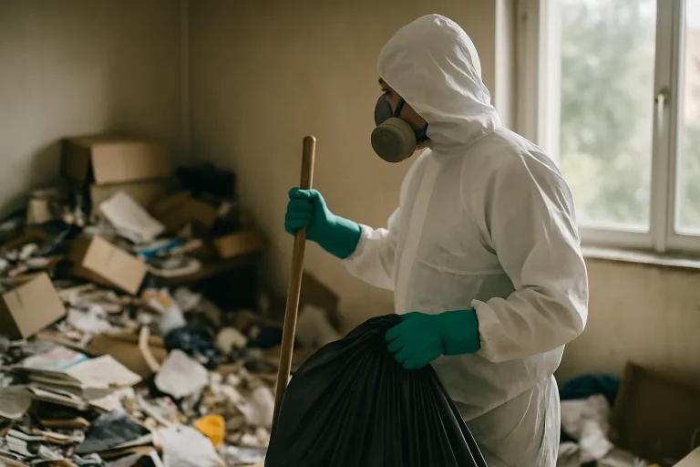 Un appartement désordonné avec des déchets, en cours de nettoyage à Montluel-Vercieu.