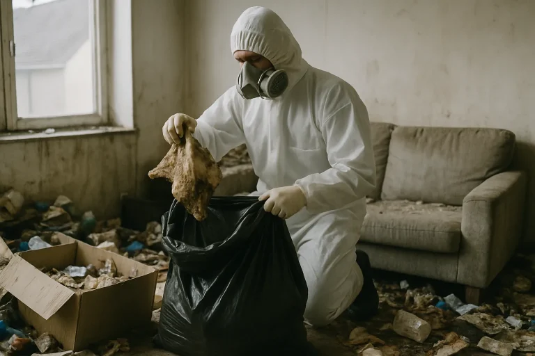 Appartement en désordre à Orcet, avec des déchets et des meubles en désordre, avant le nettoyage.