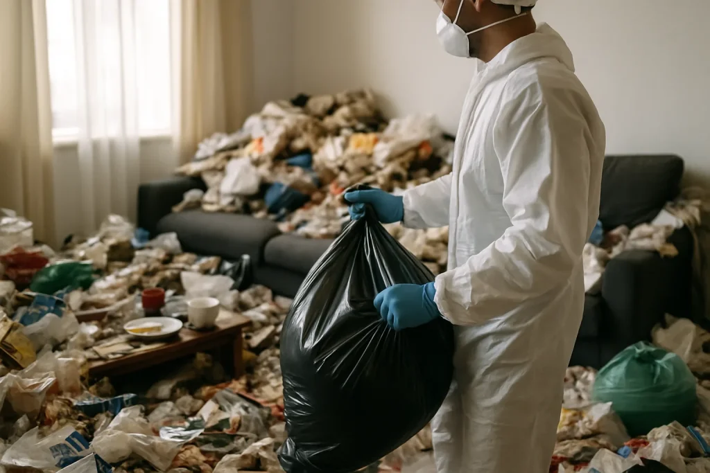 Appartement à Rives avec une porte d'entrée encombrée de déchets après diogène.