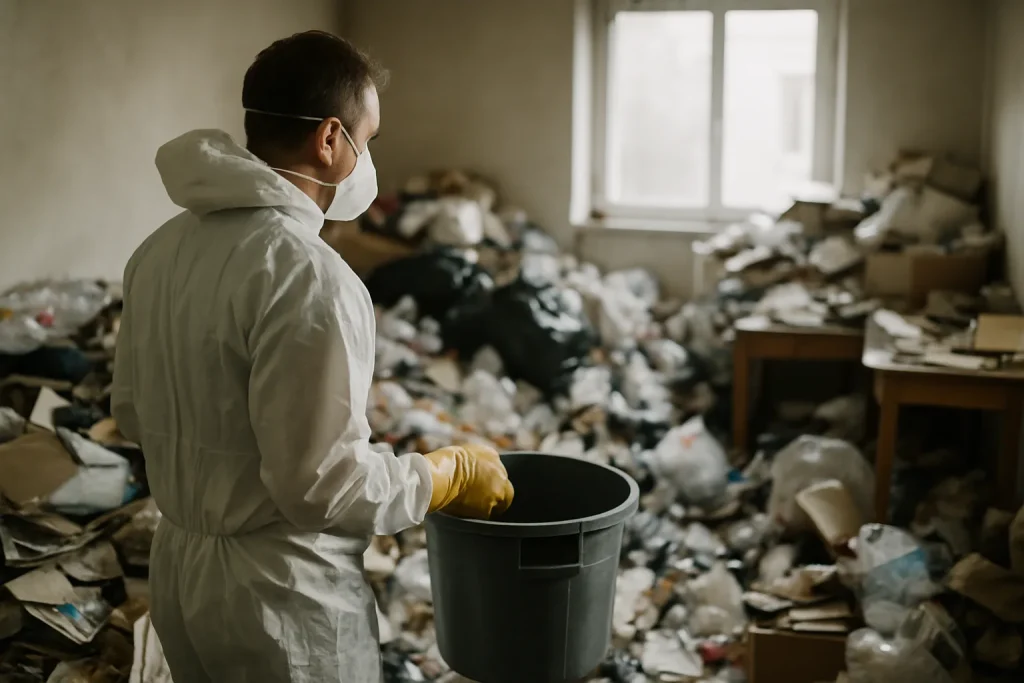 Maison ancienne à Villerest avec déchets devant l'entrée, illustrant un besoin de nettoyage.