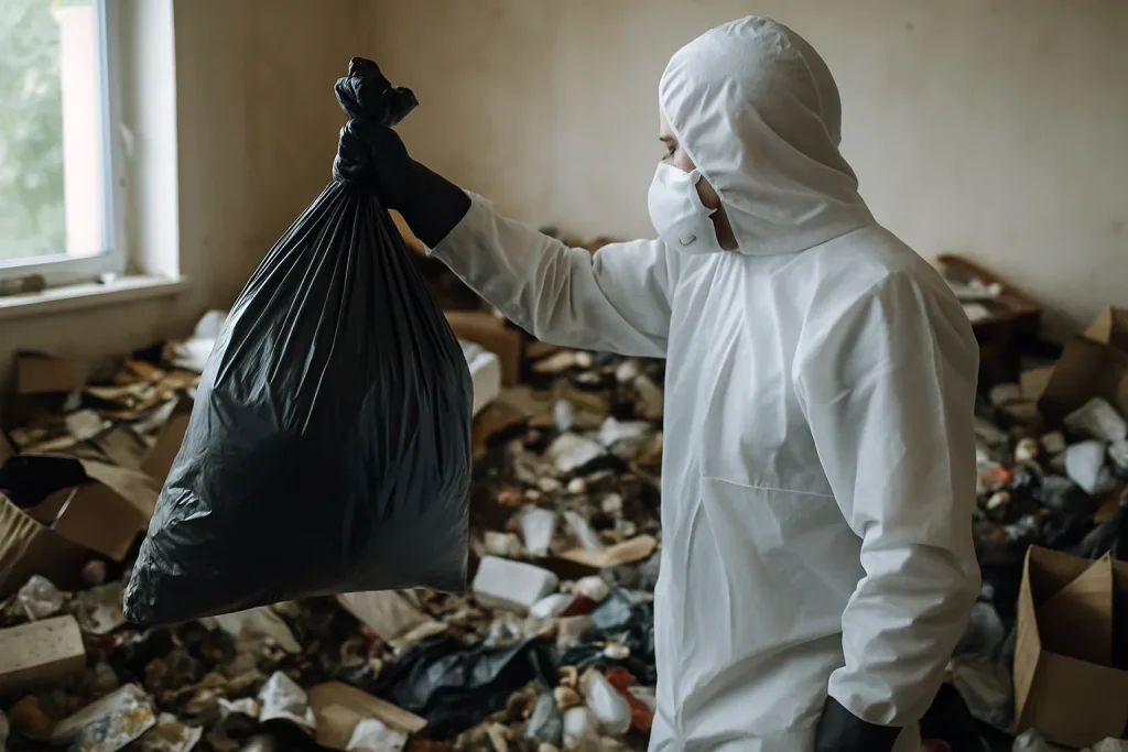 Équipe de nettoyage dans un appartement à Carantec, déchets et encombrement à traiter.