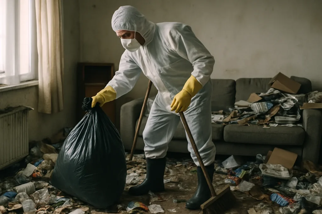 Intérieur d'un appartement à Corps-Nuds avec désordre et déchets visibles.