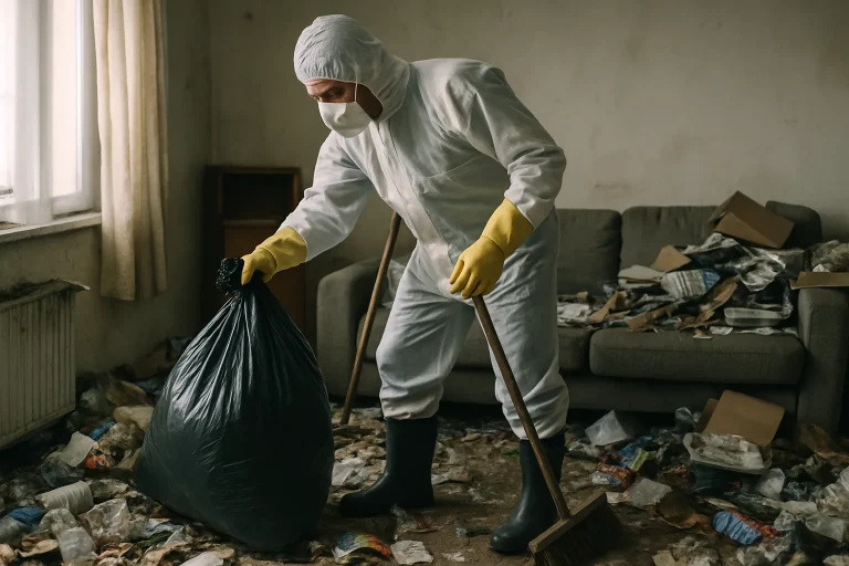 Intérieur d'un appartement à Corps-Nuds avec désordre et déchets visibles.