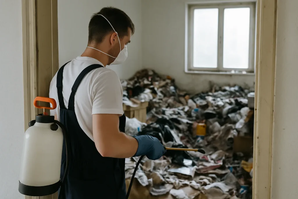 Équipe de nettoyage dans un appartement en désordre à Marsannay-La-Cote, avec déchets visibles.