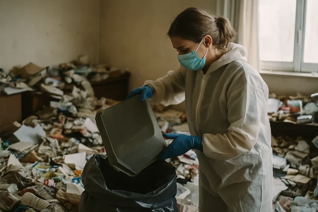 Appartement en désordre à Pommiers, objets et déchets éparpillés, lumière naturelle.