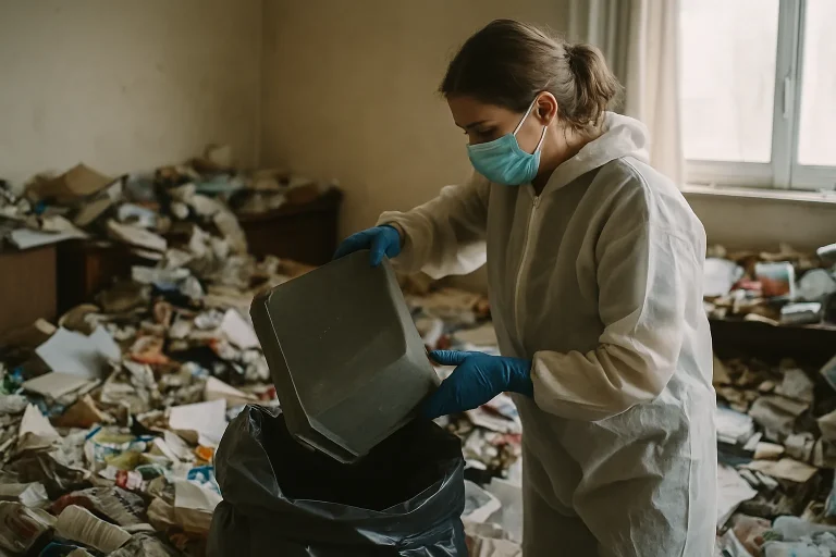 Appartement en désordre à Pommiers, objets et déchets éparpillés, lumière naturelle.